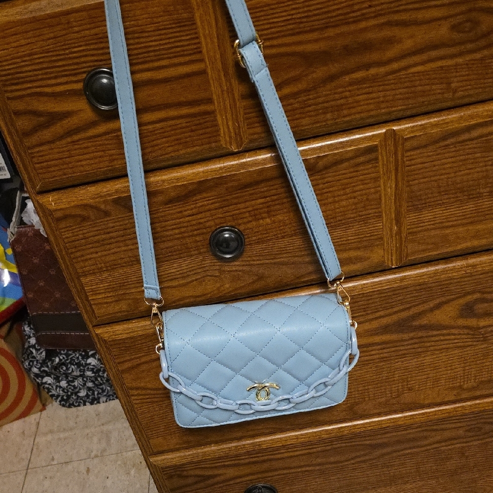 Elegant Light Blue Quilted Crossbody Bag